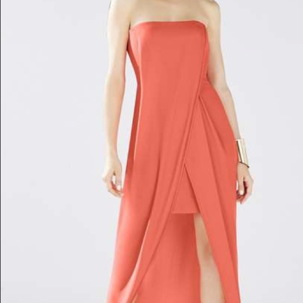 Strapless coral bcbg dress.